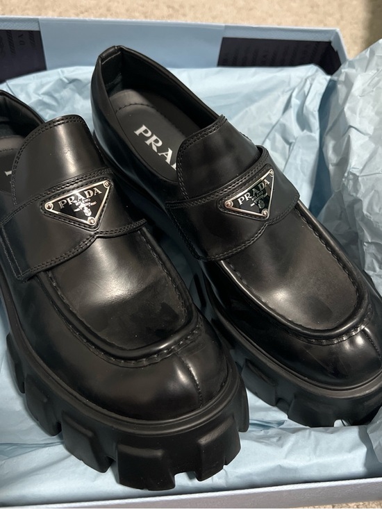 Prada Shoes - Prada Black Leather Lug-Sole Loafers with Triangle Logo